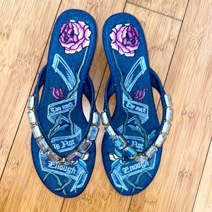 Beverly Feldman thick rhinestone sandals.